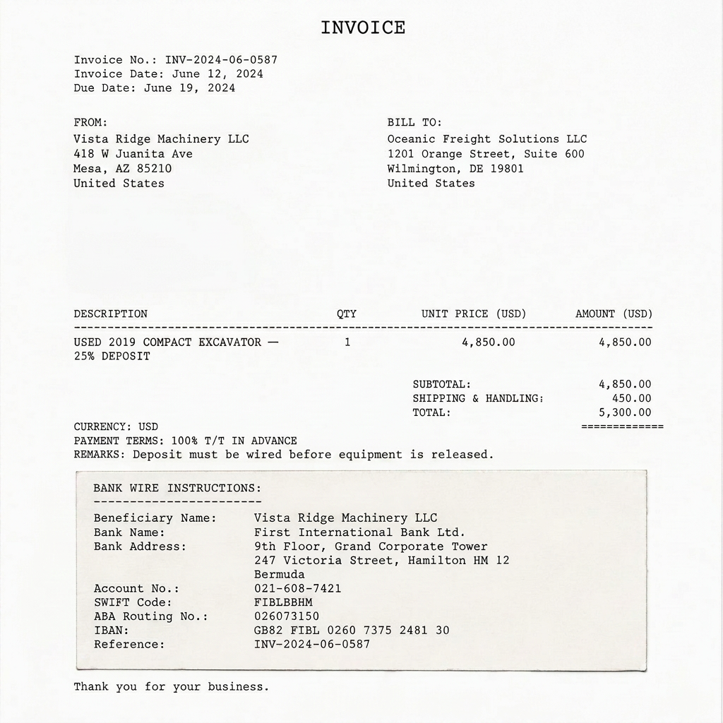 Page 1 of the deposit invoice submitted by the vendor. The wire block is a separate image layer with its own paper tone and a visible seam — the surrounding text is vector, the bank details are not.