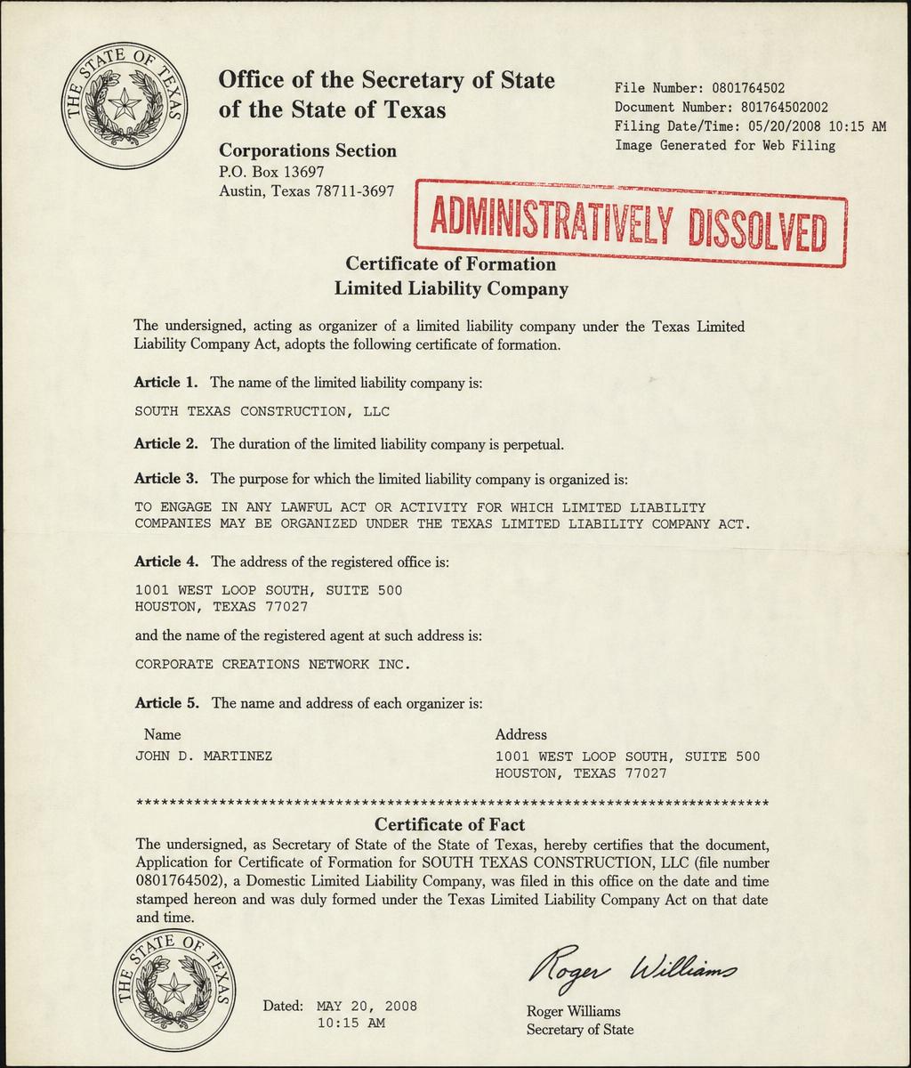 Scan of a Secretary of State certificate of formation stamped ADMINISTRATIVELY DISSOLVED in red ink.