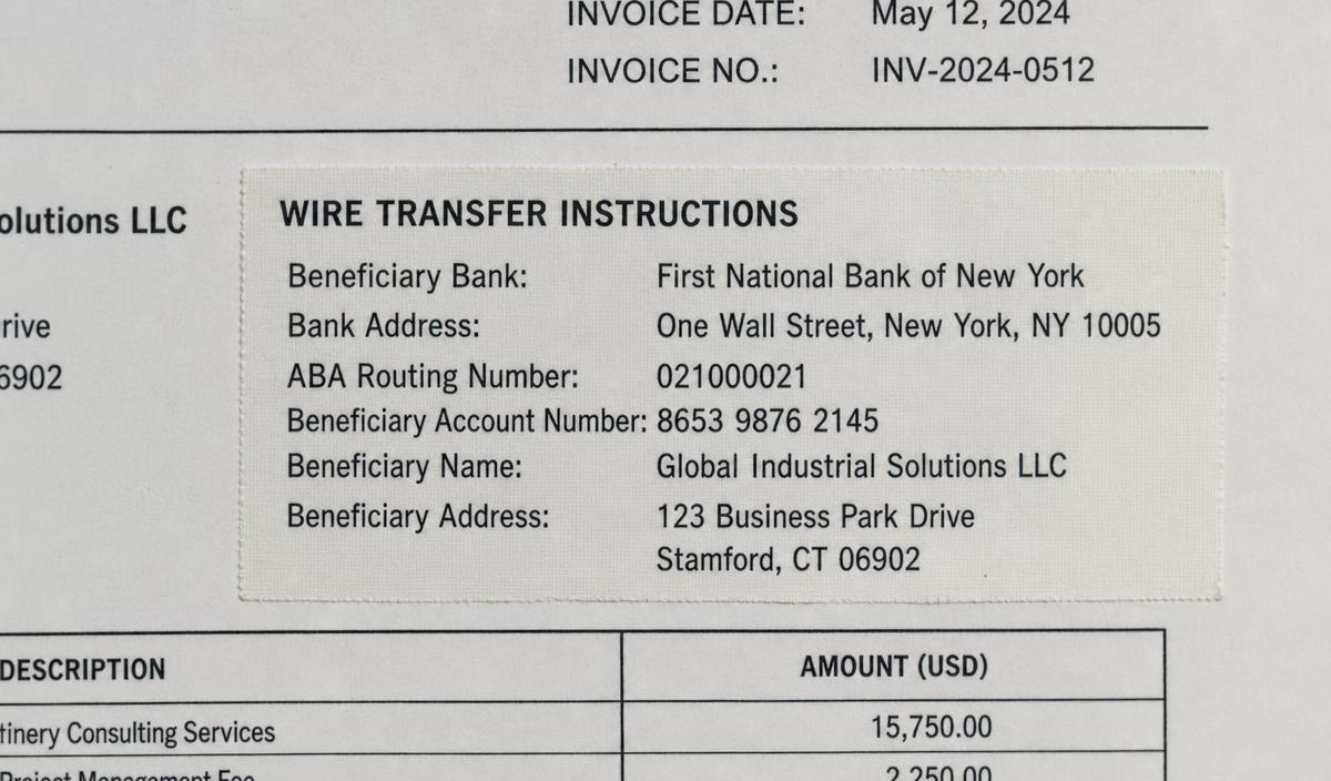 Macro scan of an invoice showing the wire transfer instruction block pasted on as a separate patch with a visible rectangular seam.